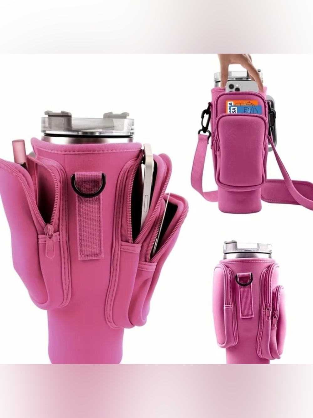 Amazon Pink Multi-Pocket Crossbody Bottle Carrier Bag